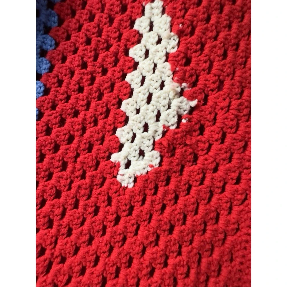 Hand‎ Crocheted Afghan Blanket Red White Blue Geometric Block Throw Vintage
